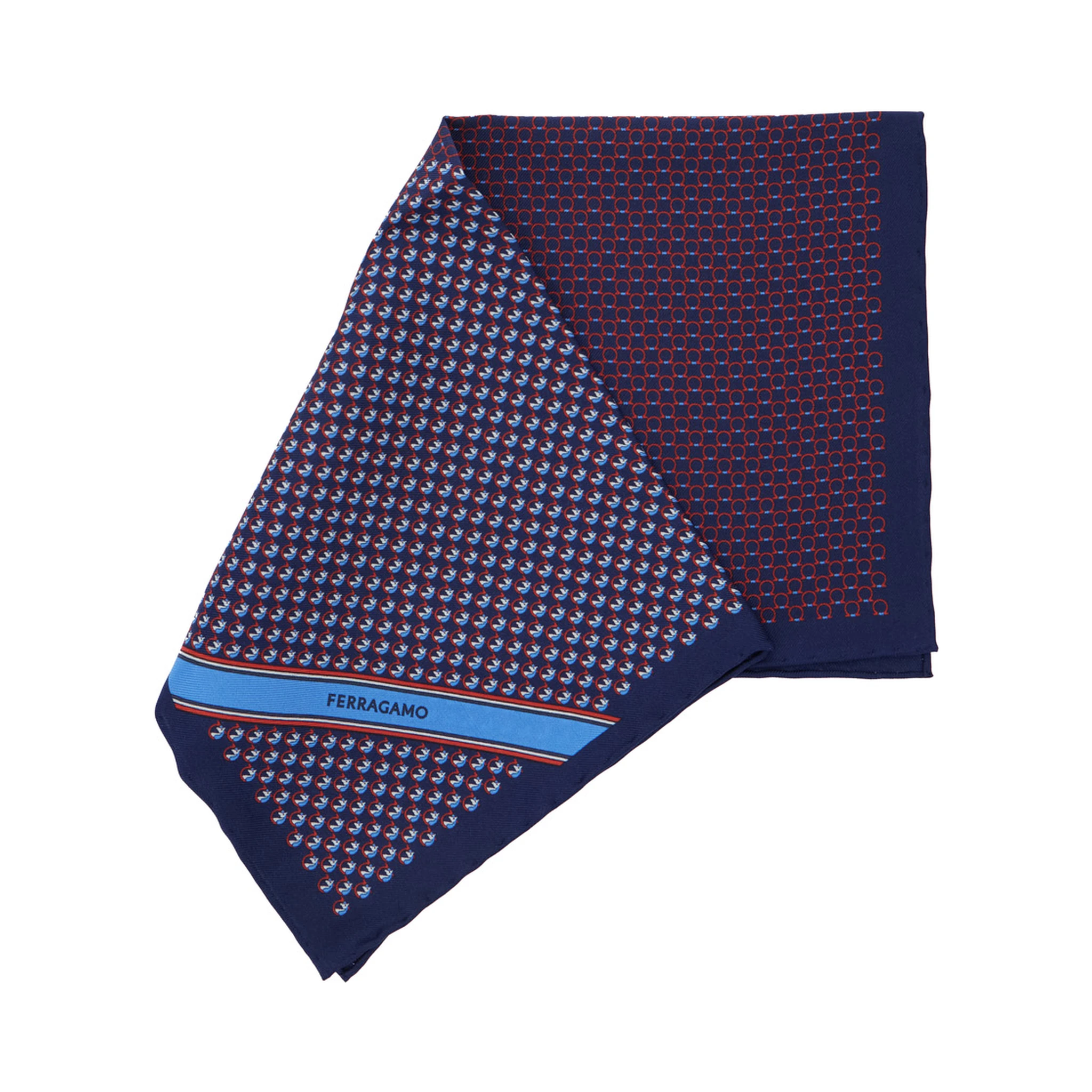 Blue Pocket Square with Gancini Print and Logo Lettering in Silk Man