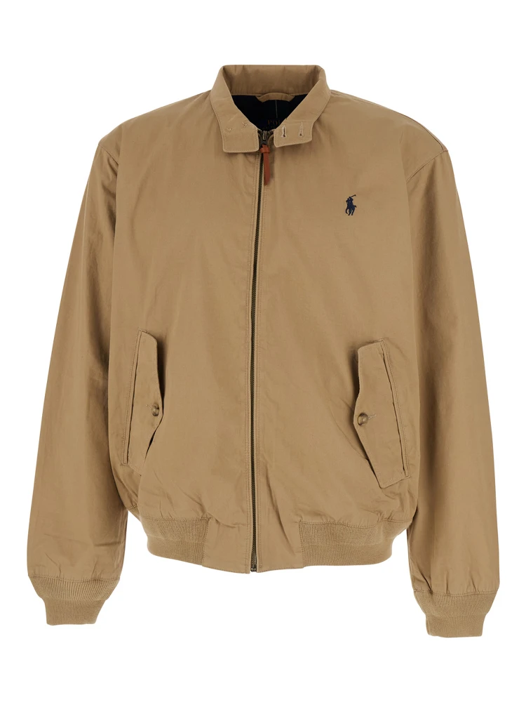Beige Jacket with Foldable Collar and Embroidered Pony on the Front in Cotton Man