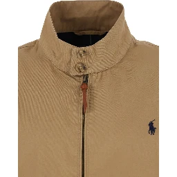 Beige Jacket with Foldable Collar and Embroidered Pony on the Front in Cotton Man