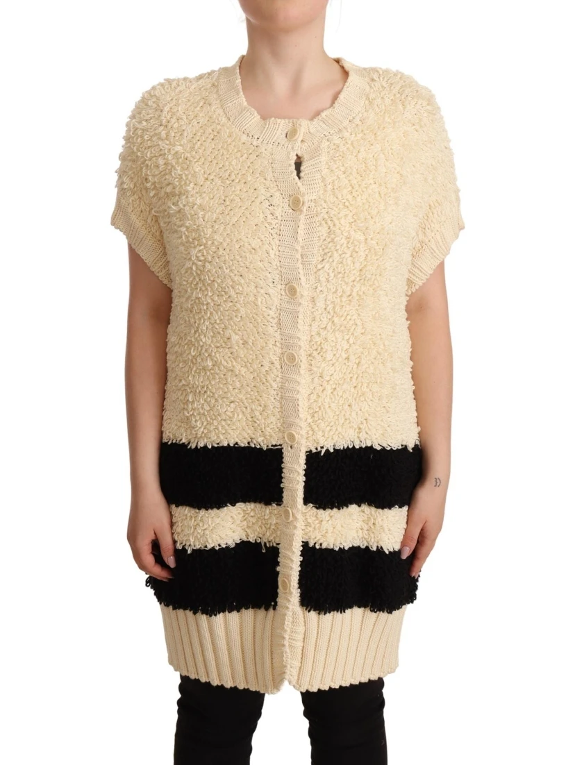 Beige Black Short Sleeve Button Cardigan Sweater