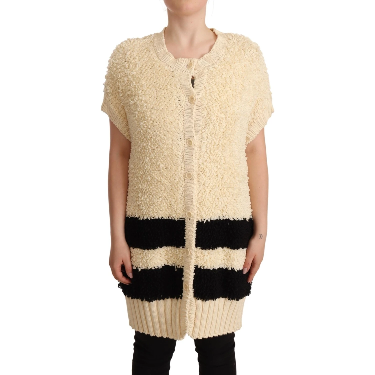 Beige Black Short Sleeve Button Cardigan Sweater