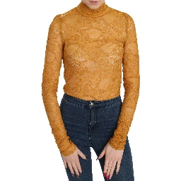 Mustard Turtle Neck Long Sleeve Lace Top Blouse