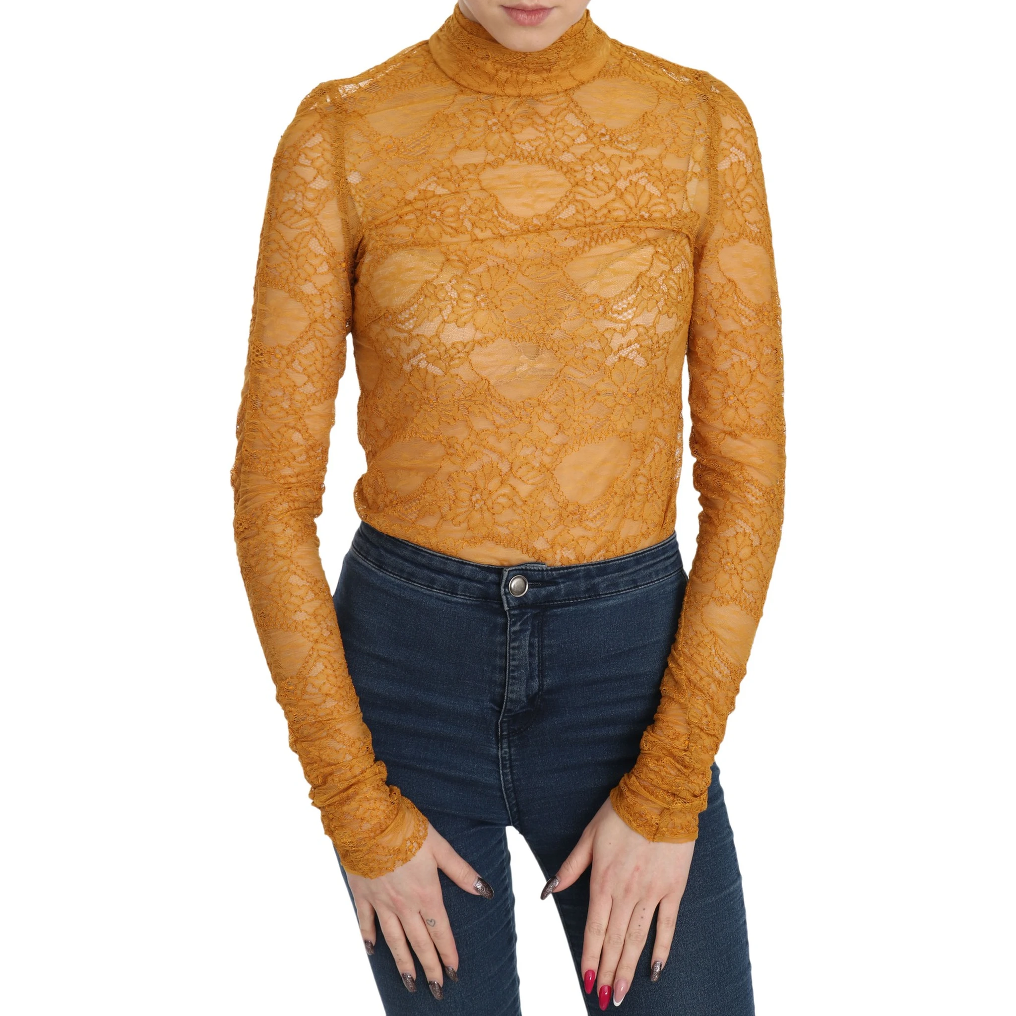 Mustard Turtle Neck Long Sleeve Lace Top Blouse