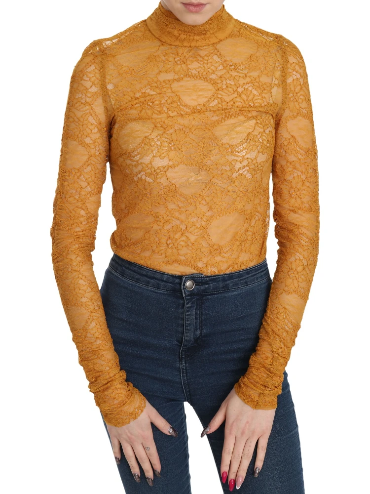 Mustard Turtle Neck Long Sleeve Lace Top Blouse alternative