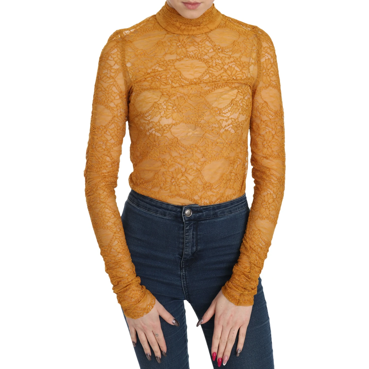 Mustard Turtle Neck Long Sleeve Lace Top Blouse