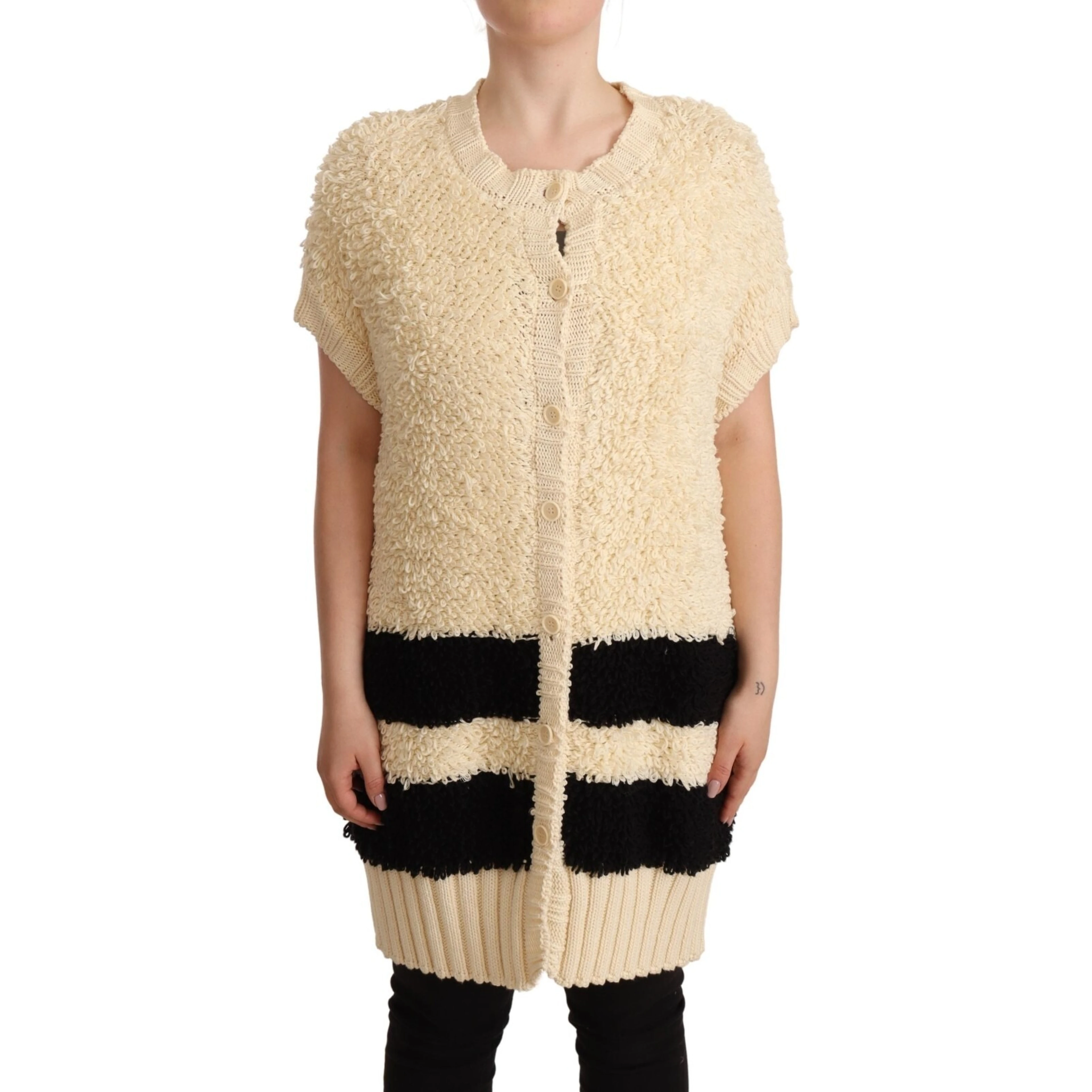 Beige Black Short Sleeve Button Cardigan Sweater