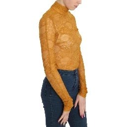 Mustard Turtle Neck Long Sleeve Lace Top Blouse