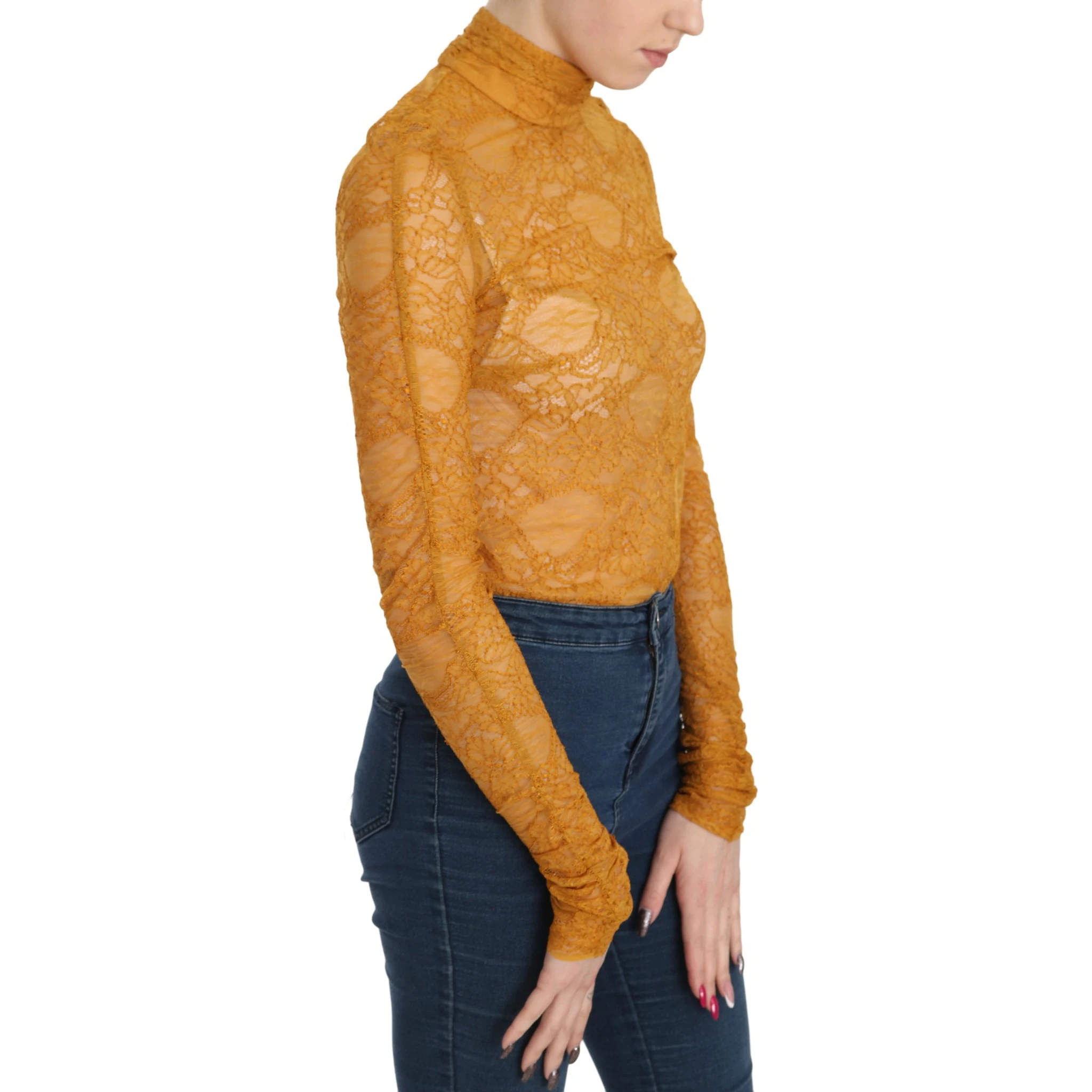 Mustard Turtle Neck Long Sleeve Lace Top Blouse