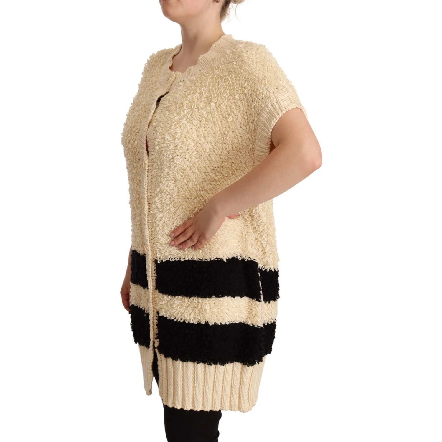 Beige Black Short Sleeve Button Cardigan Sweater