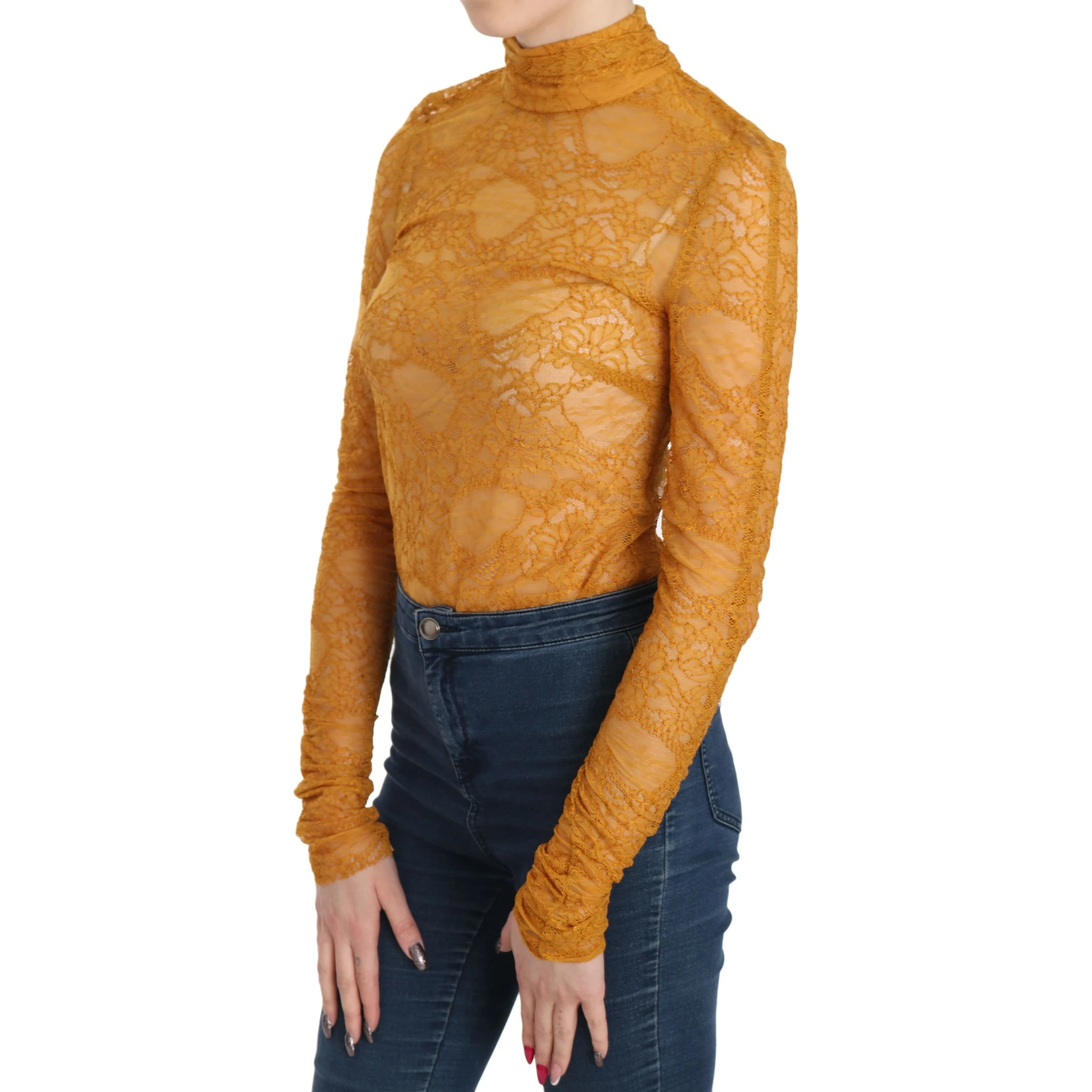 Mustard Turtle Neck Long Sleeve Lace Top Blouse