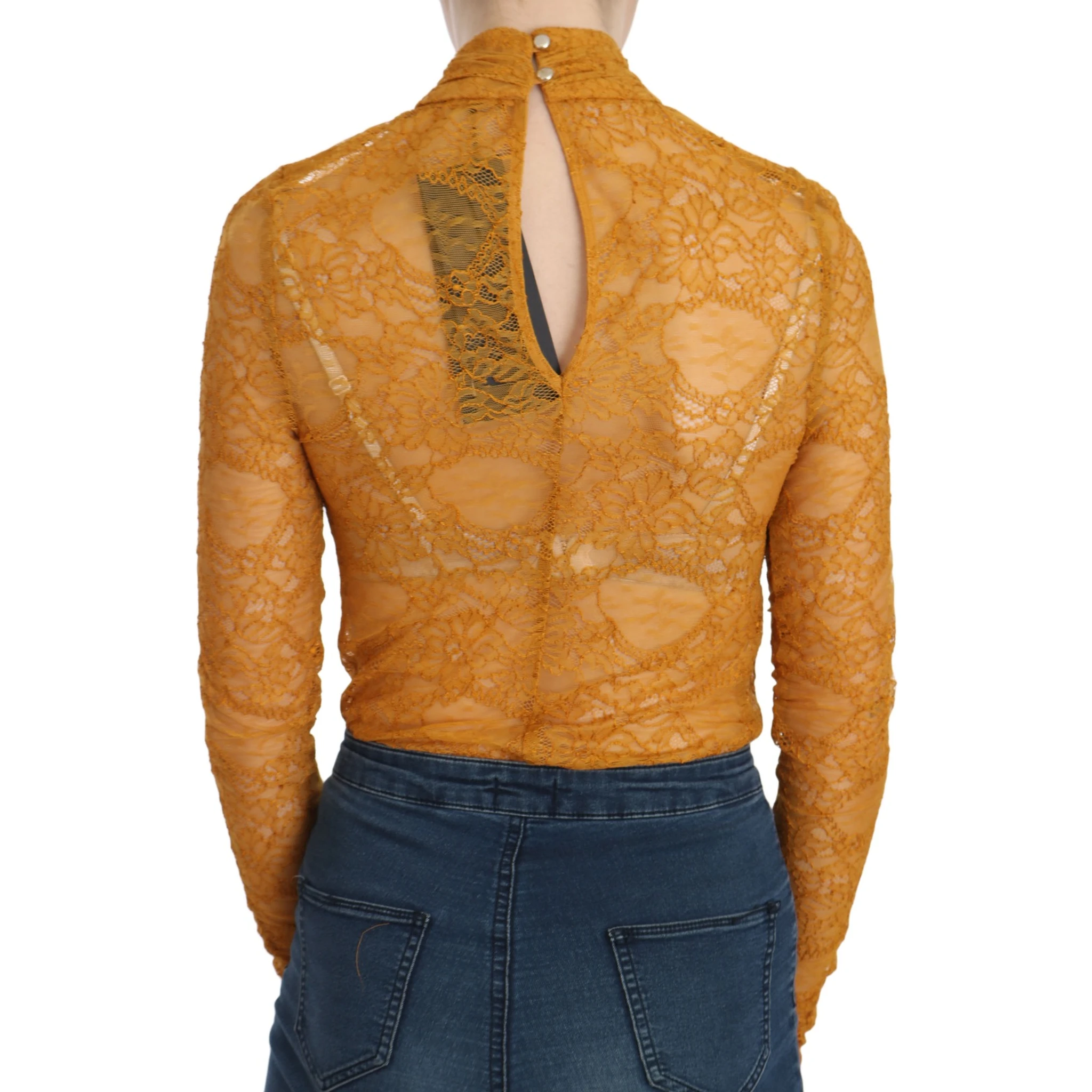 Mustard Turtle Neck Long Sleeve Lace Top Blouse