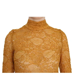 Mustard Turtle Neck Long Sleeve Lace Top Blouse