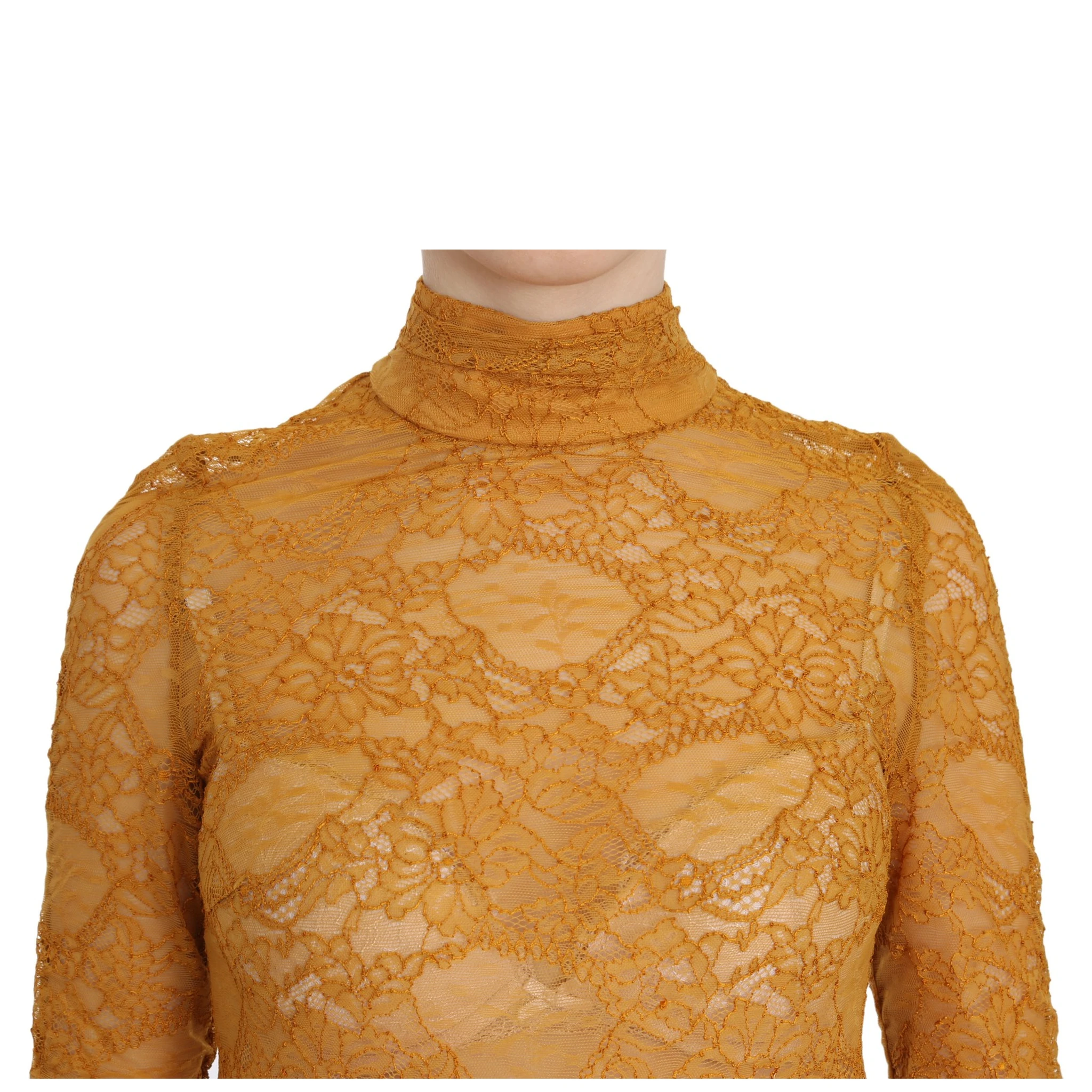 Mustard Turtle Neck Long Sleeve Lace Top Blouse