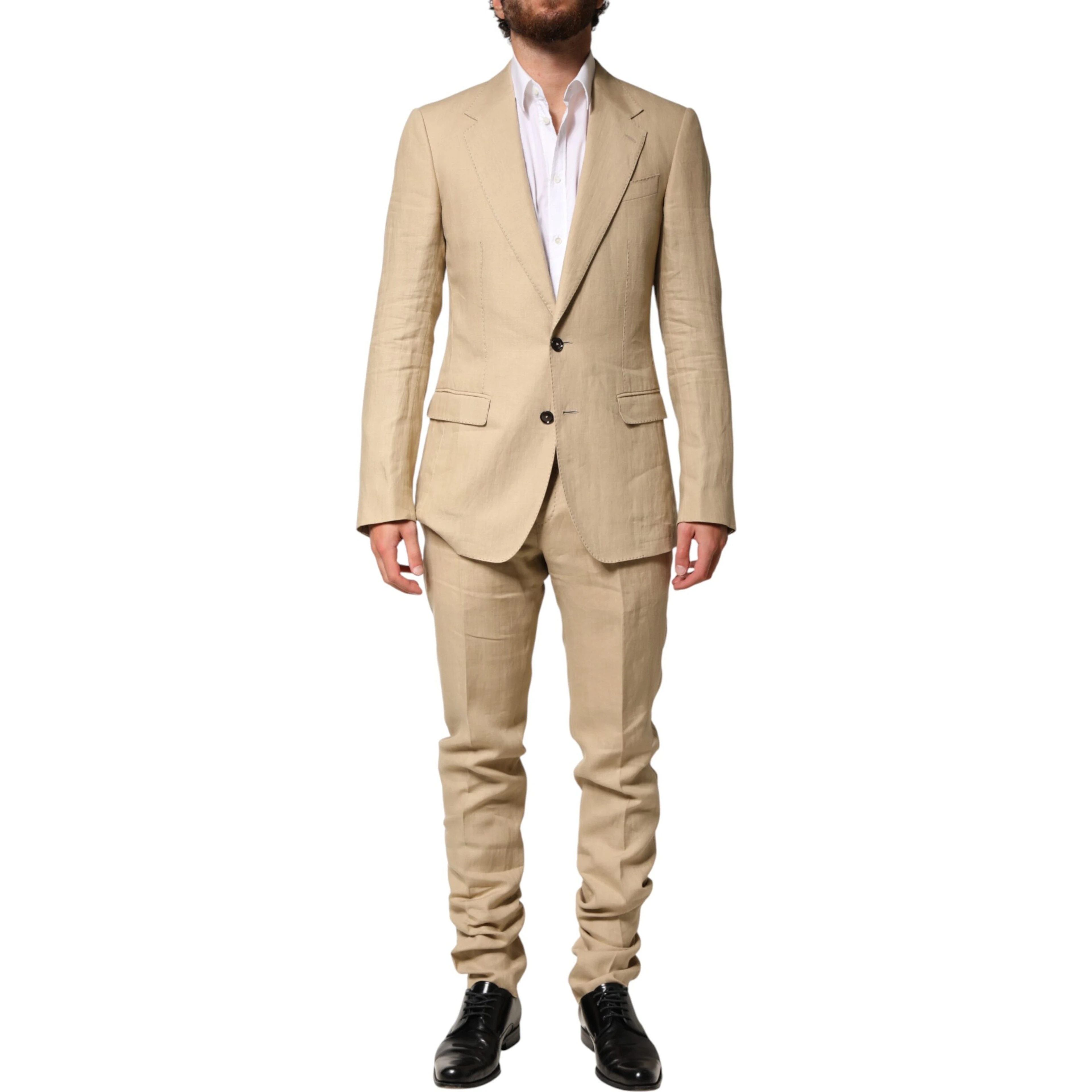 Beige Linen Single Breasted 2 Piece Suit