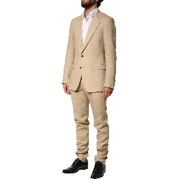 Beige Linen Single Breasted 2 Piece Suit