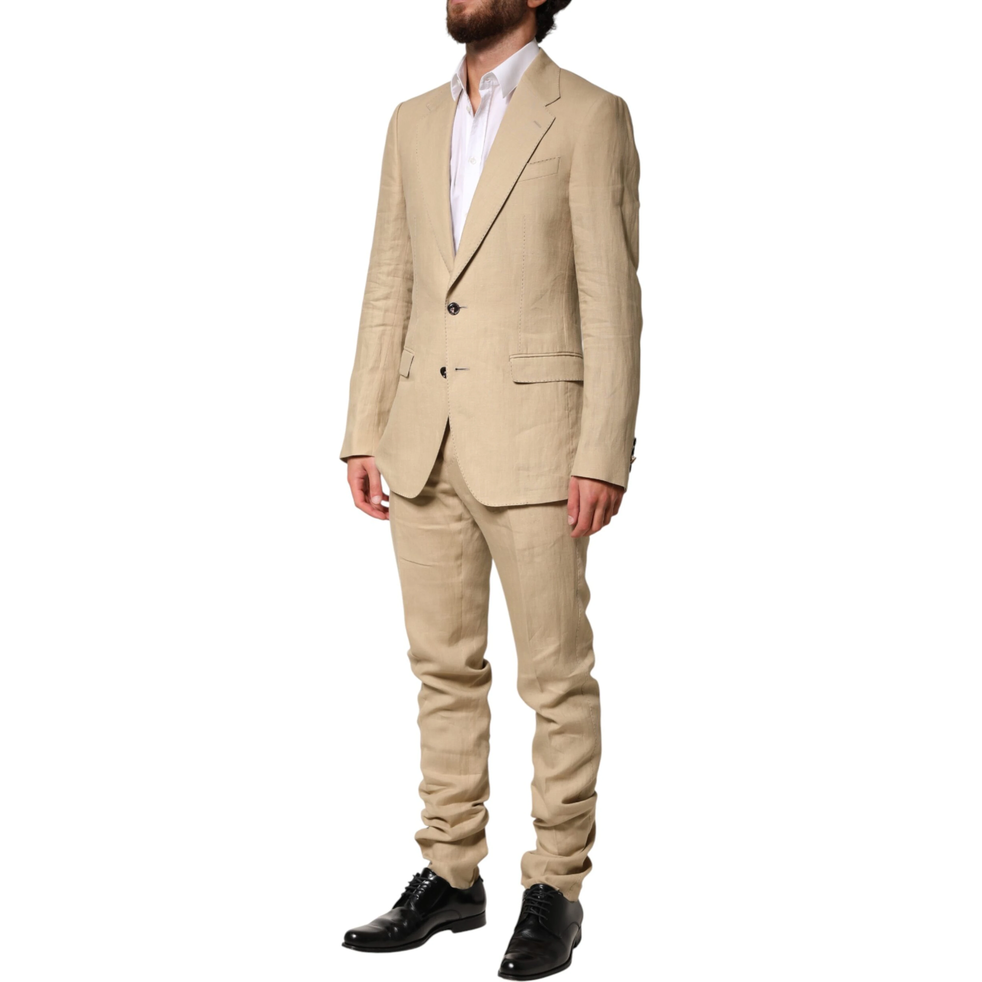 Beige Linen Single Breasted 2 Piece Suit