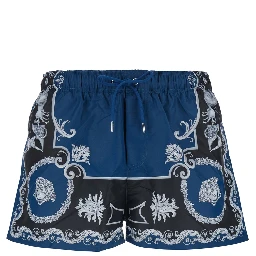 Blue Swimsuit with All-Over Geometric Print in Tech Fabric Man