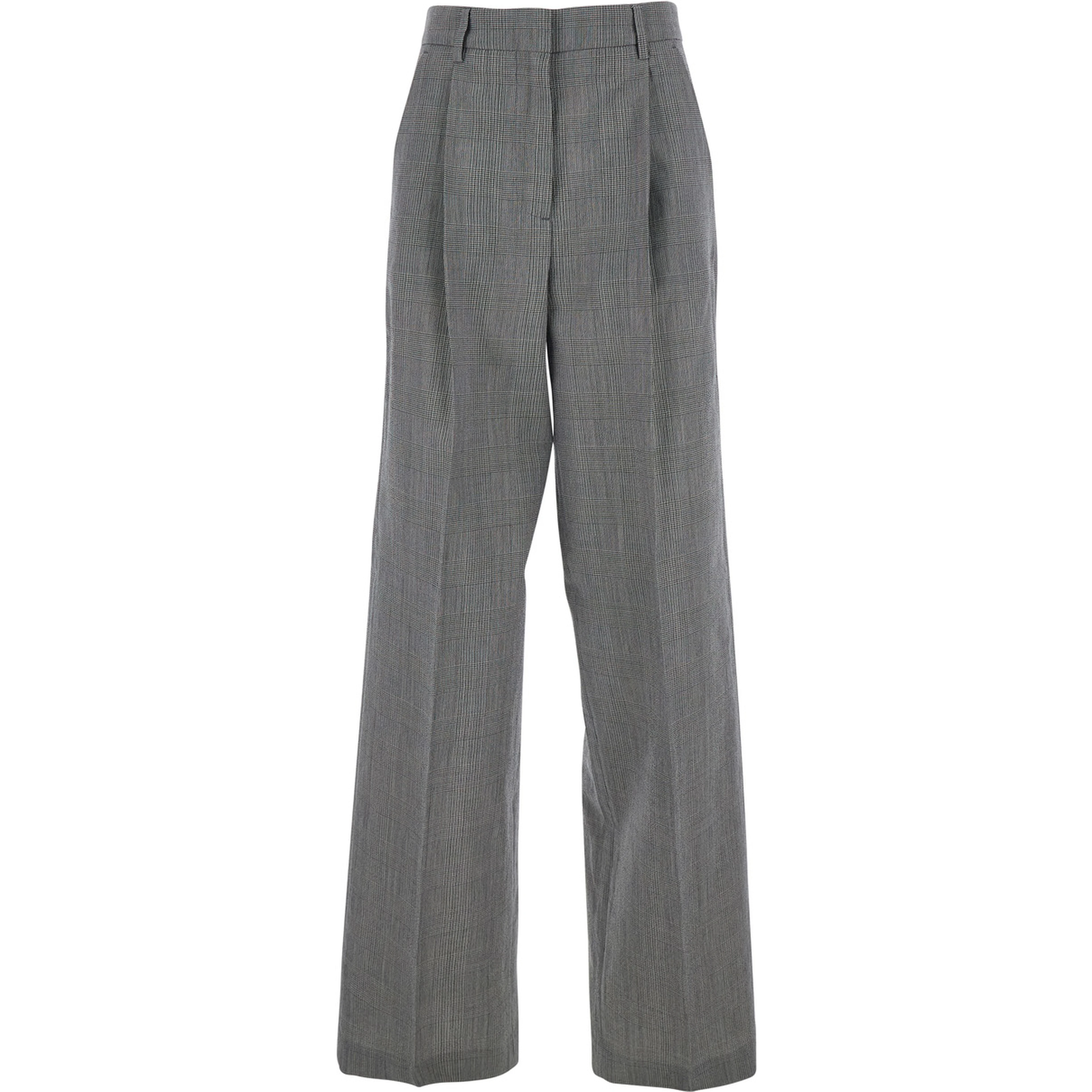 Grey Pants with All-Over Prince of Wales Print and Wide Leg in Wool Woman