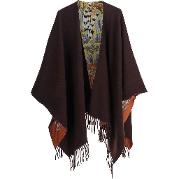 عباءة بنية اللون بحافة مزينة بشراشيب من الصوف والكشمير للنساء