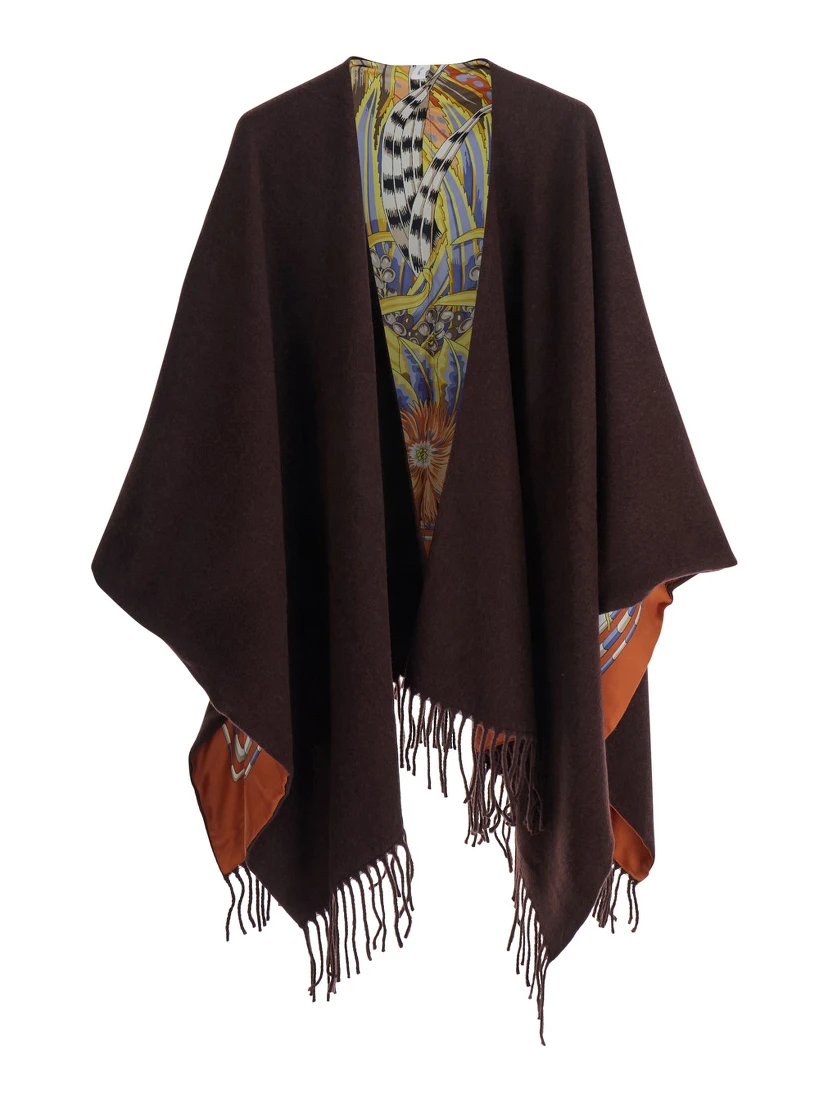 Brown Cape with Fringed Hem in Wool and Cashmere Woman