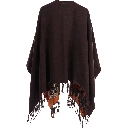 عباءة بنية اللون بحافة مزينة بشراشيب من الصوف والكشمير للنساء