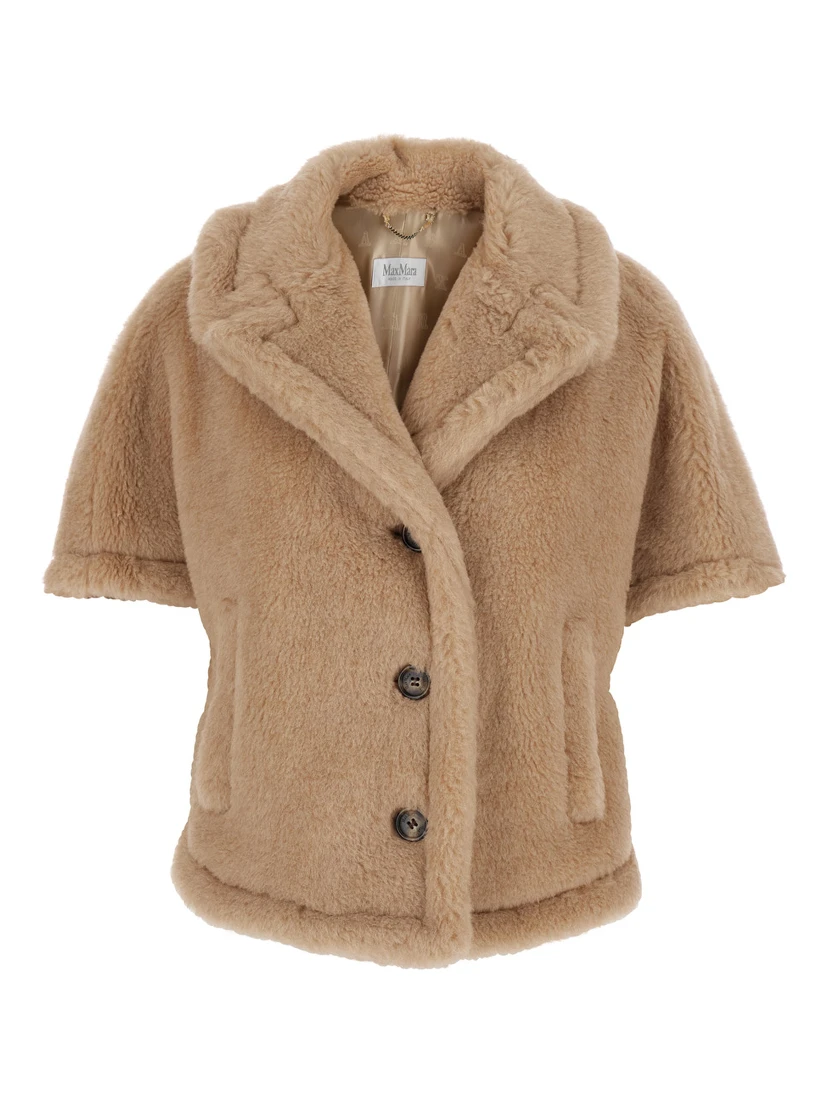 Corvino Beige Cape with Classic Lapels and Short Sleeves in Fur Woman