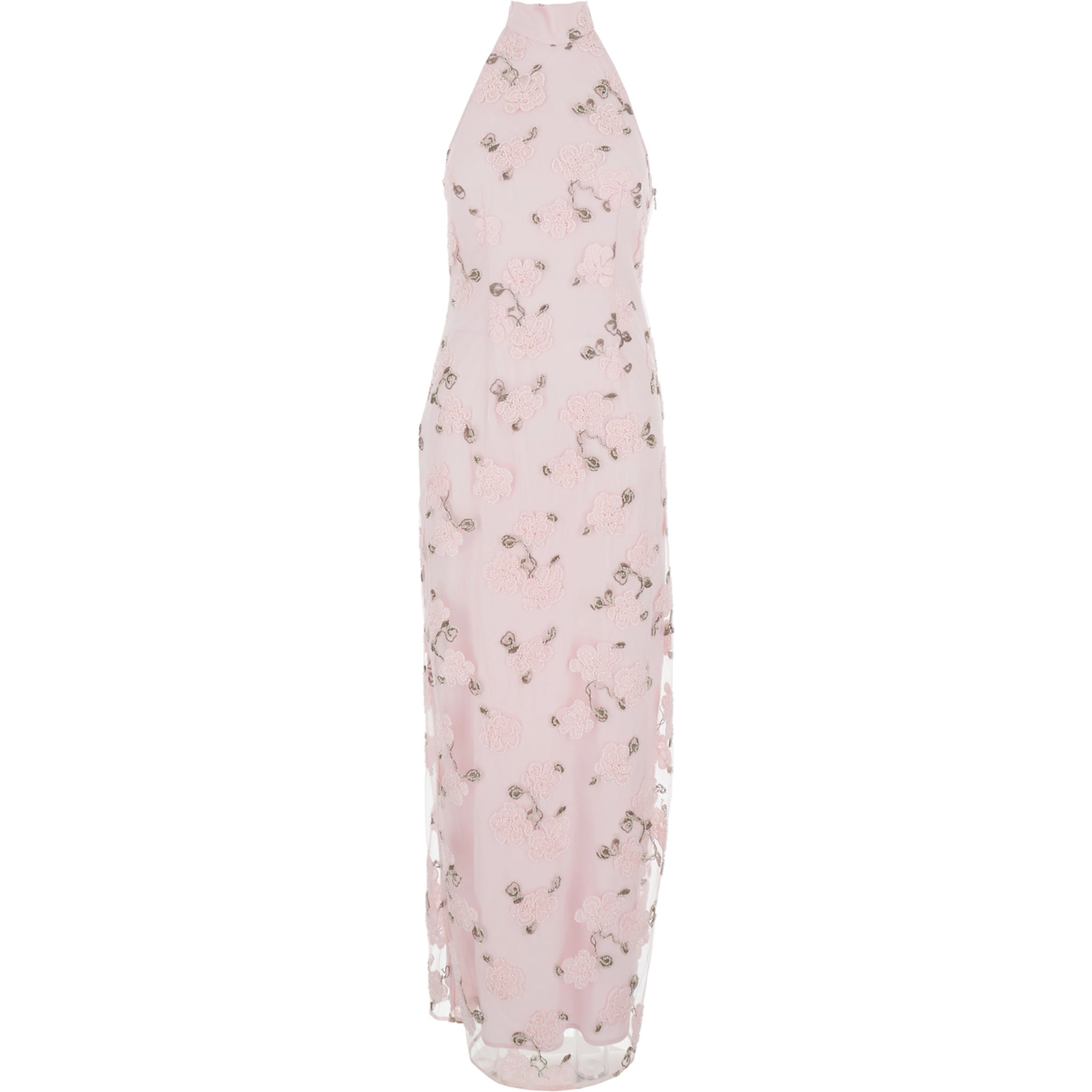Pink Long Dress with Open Back and Floral Beaded Details in Fabric Woman