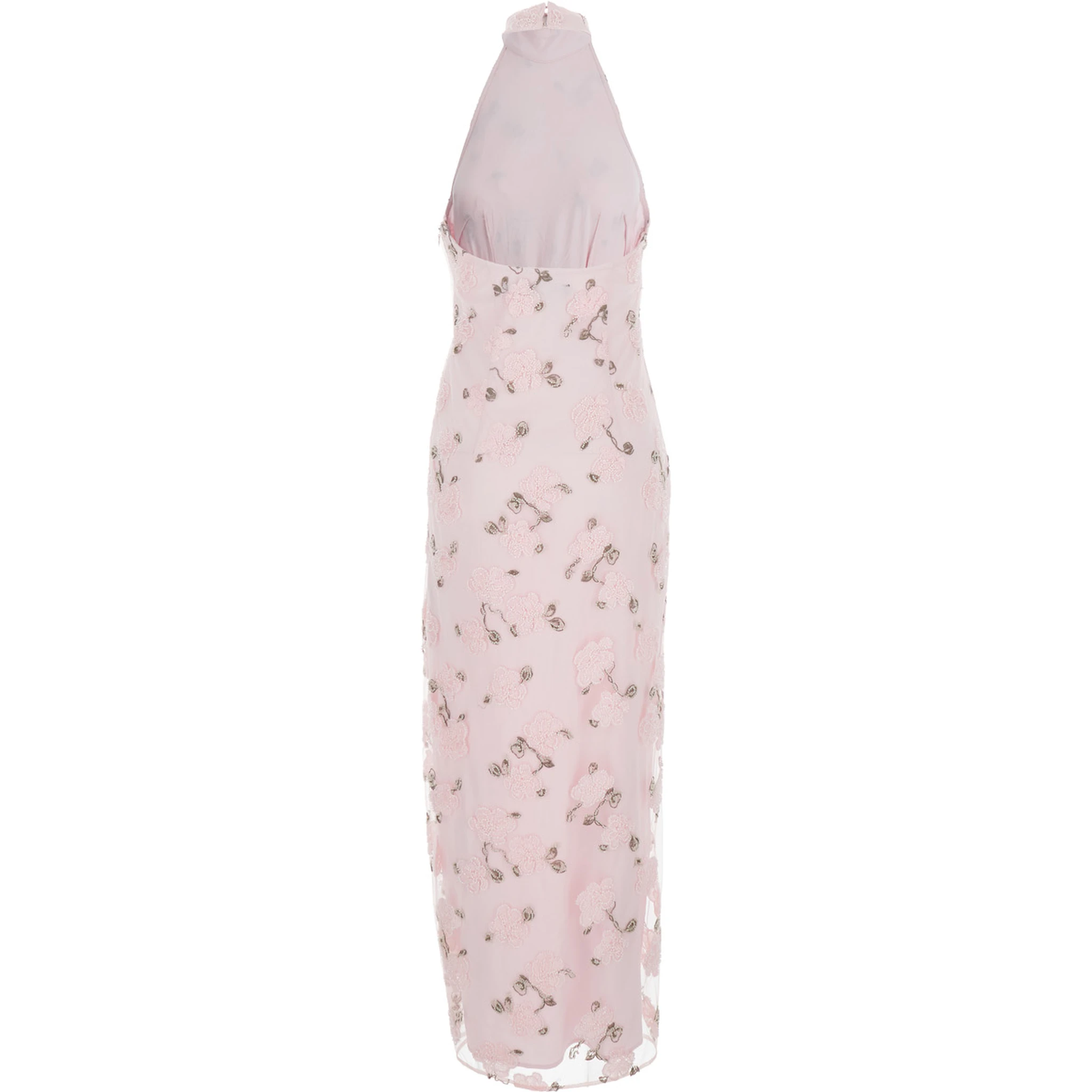 فستان طويل وردي اللون بظهر مكشوف وتفاصيل مطرزة بالخرز الزهري، مصنوع من قماش نسائي.