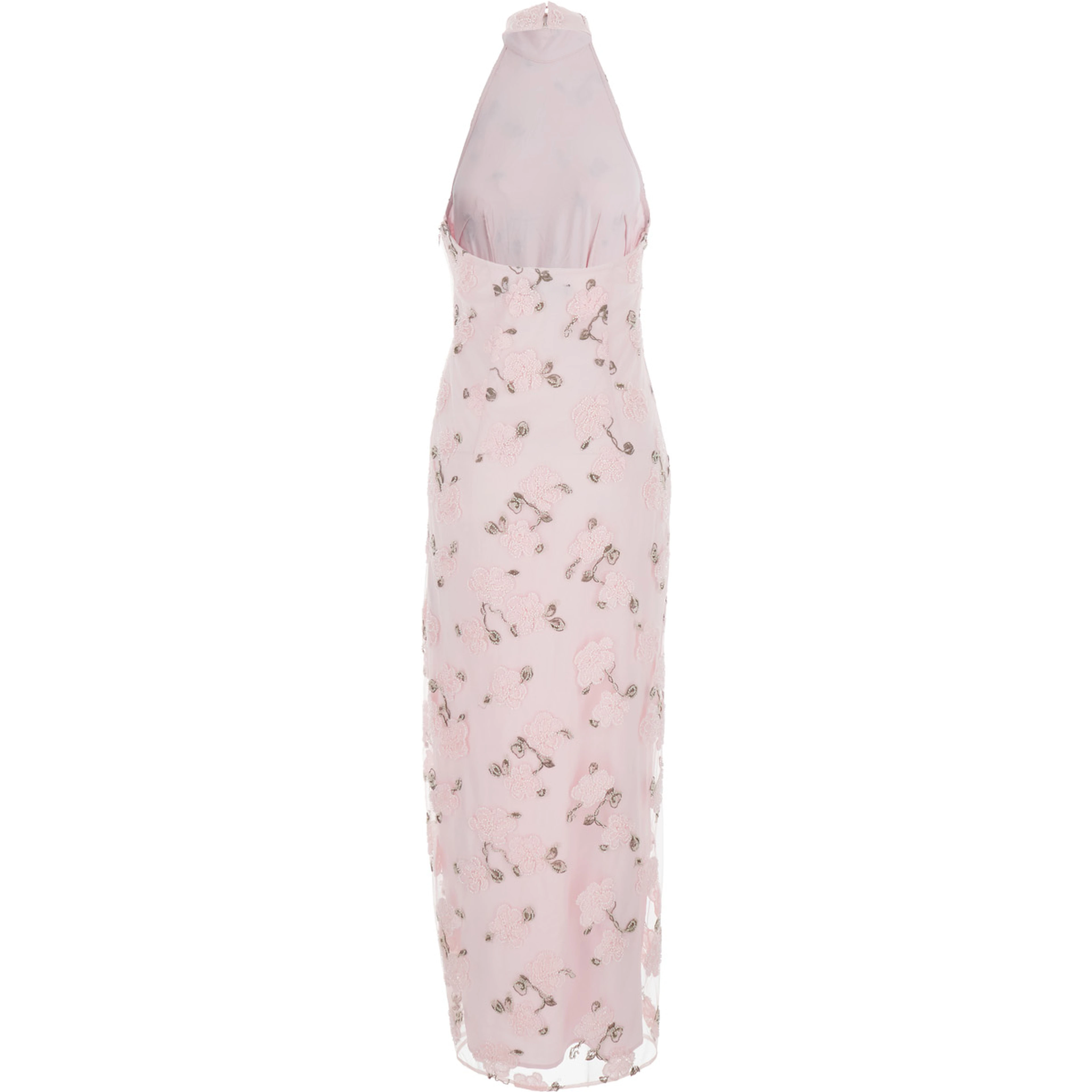 Pink Long Dress with Open Back and Floral Beaded Details in Fabric Woman