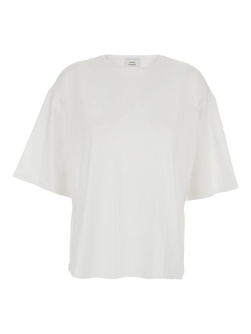 White Crew Neck T-Shirt with Dropped Shoulder and Boxy Design in Cotton Woman