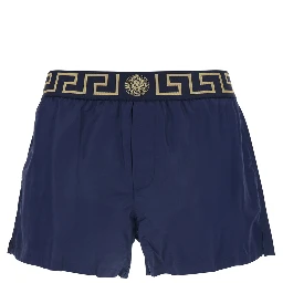 Blue Swimsuit Shorts with Greca Detail in Tech Fabric Man