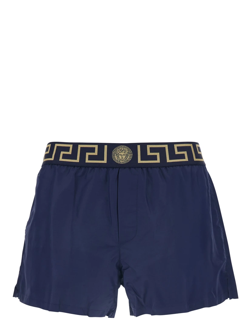 Blue Swimsuit Shorts with Greca Detail in Tech Fabric Man