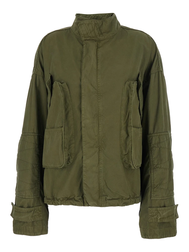 Green Jacket with High Neck and Logo Patch on the Rear in Cotton Woman