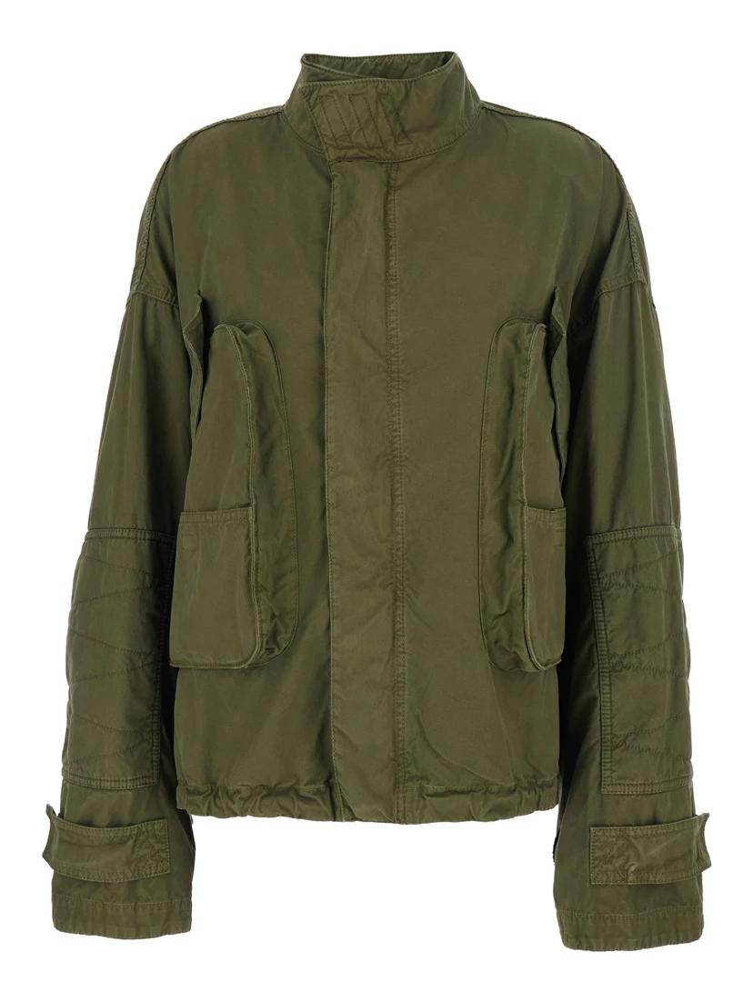 Green Jacket with High Neck and Logo Patch on the Rear in Cotton Woman