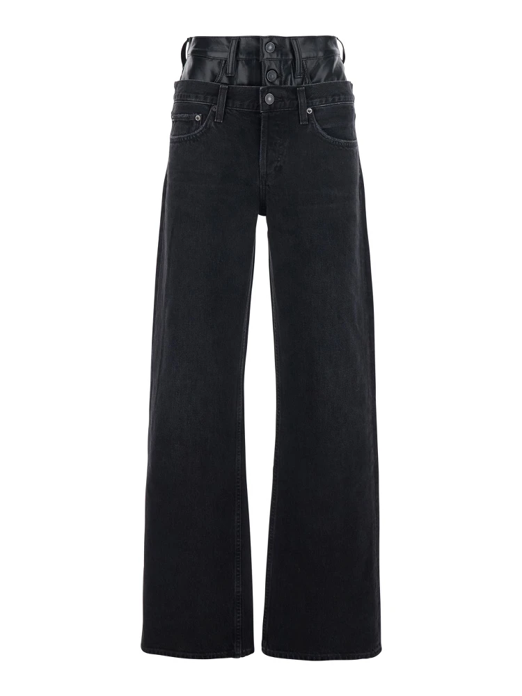Elson Black Jeans with Double-Layered Waist and Leather Details in Denim Woman