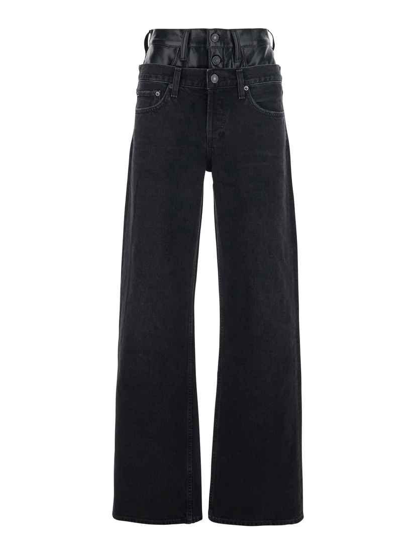 Elson Black Jeans with Double-Layered Waist and Leather Details in Denim Woman
