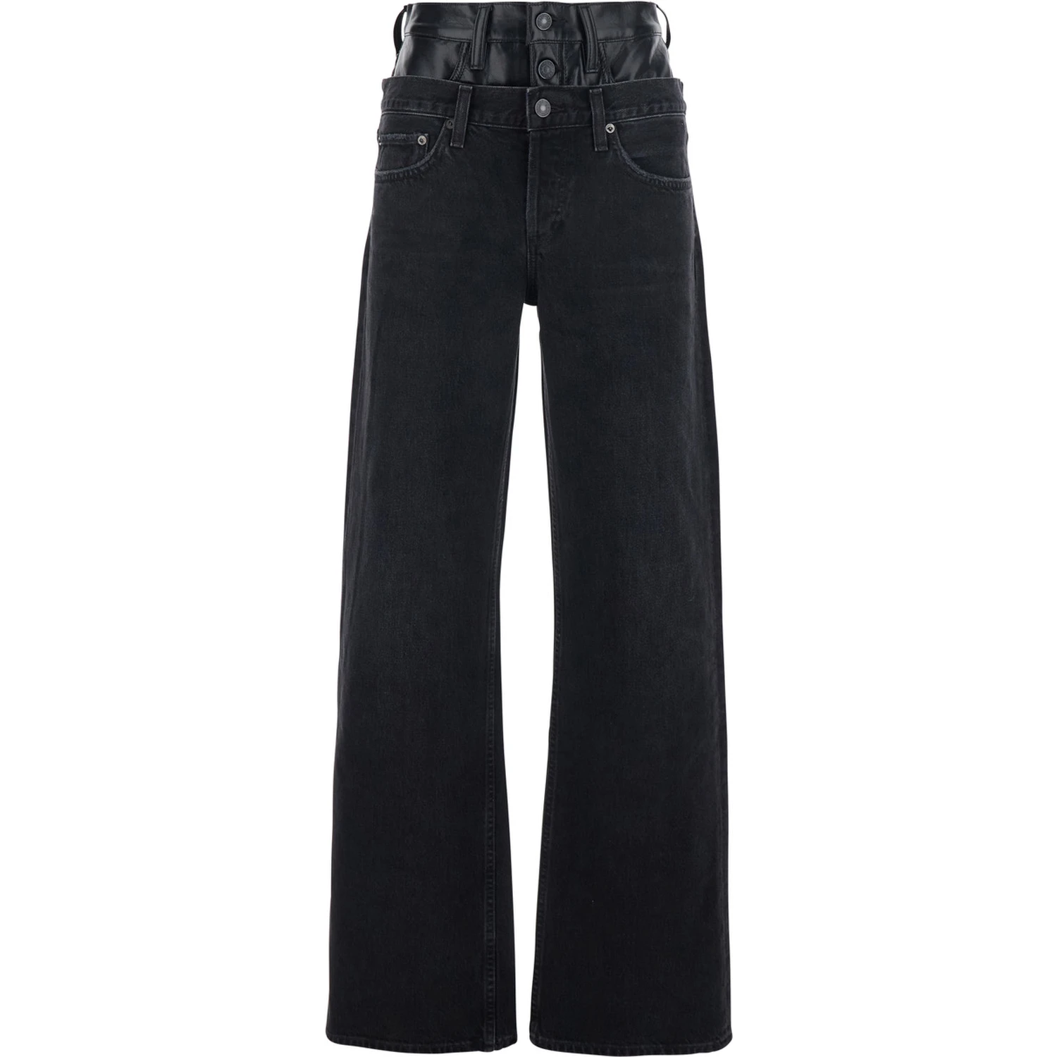 Elson Black Jeans with Double-Layered Waist and Leather Details in Denim Woman