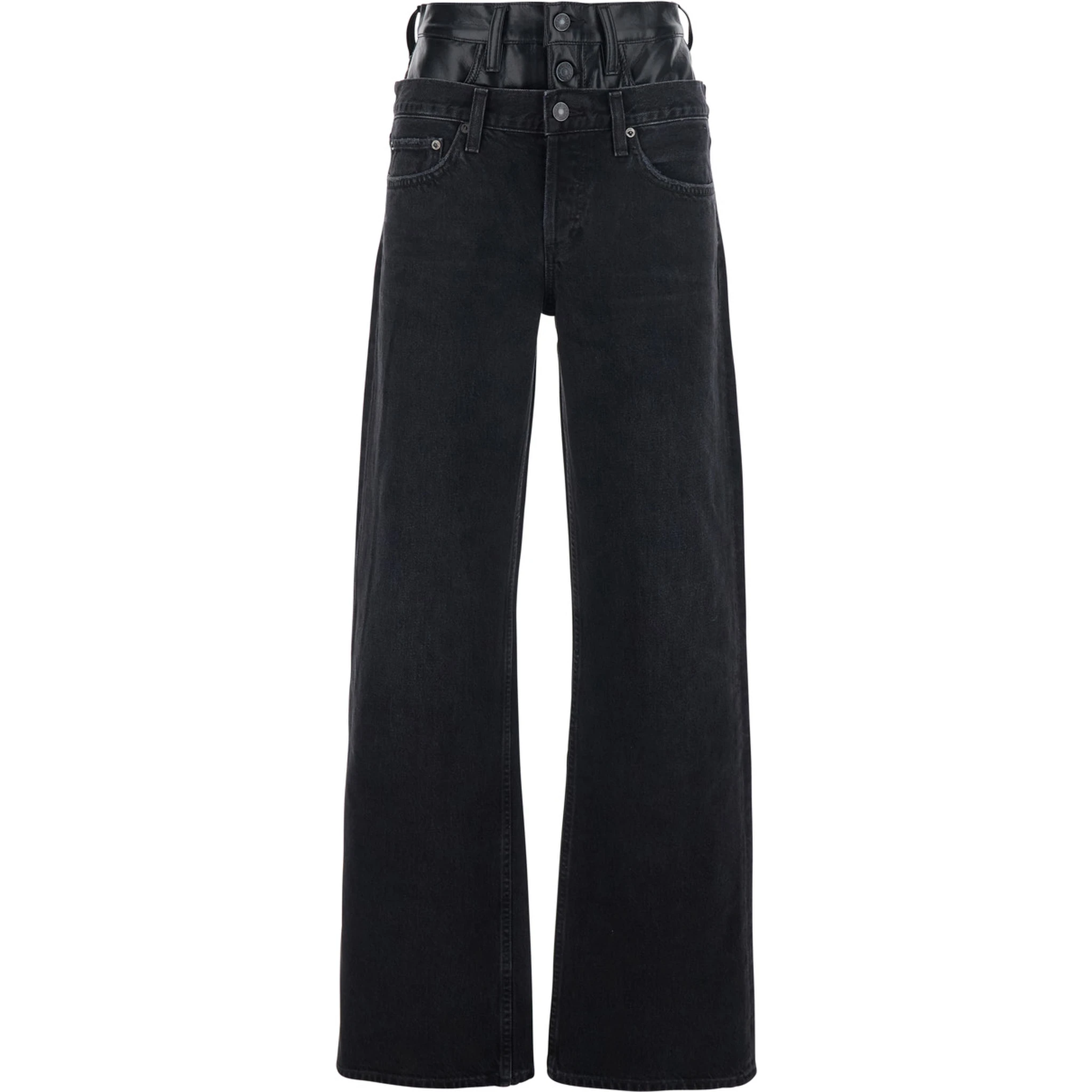 Elson Black Jeans with Double-Layered Waist and Leather Details in Denim Woman