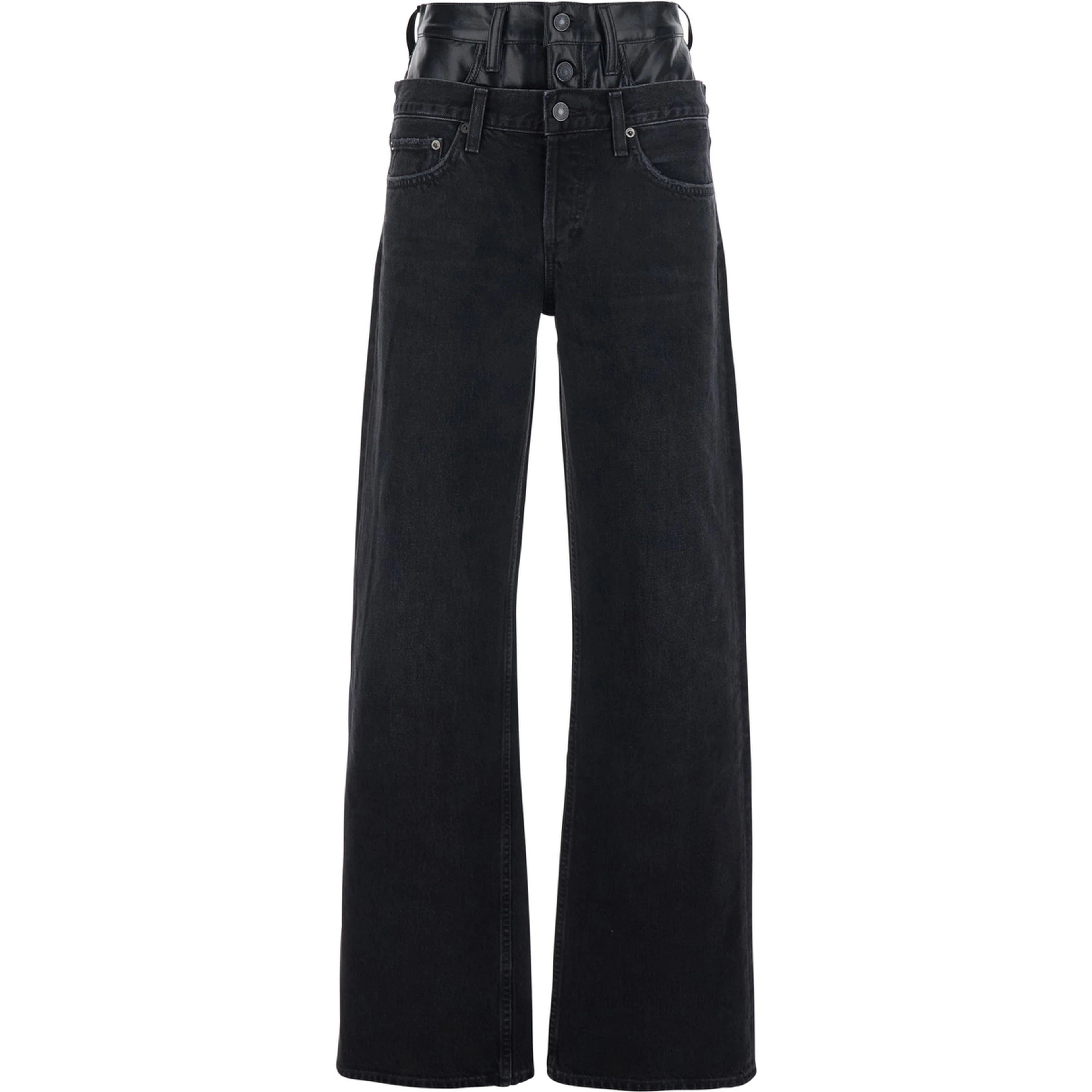 Elson Black Jeans with Double-Layered Waist and Leather Details in Denim Woman