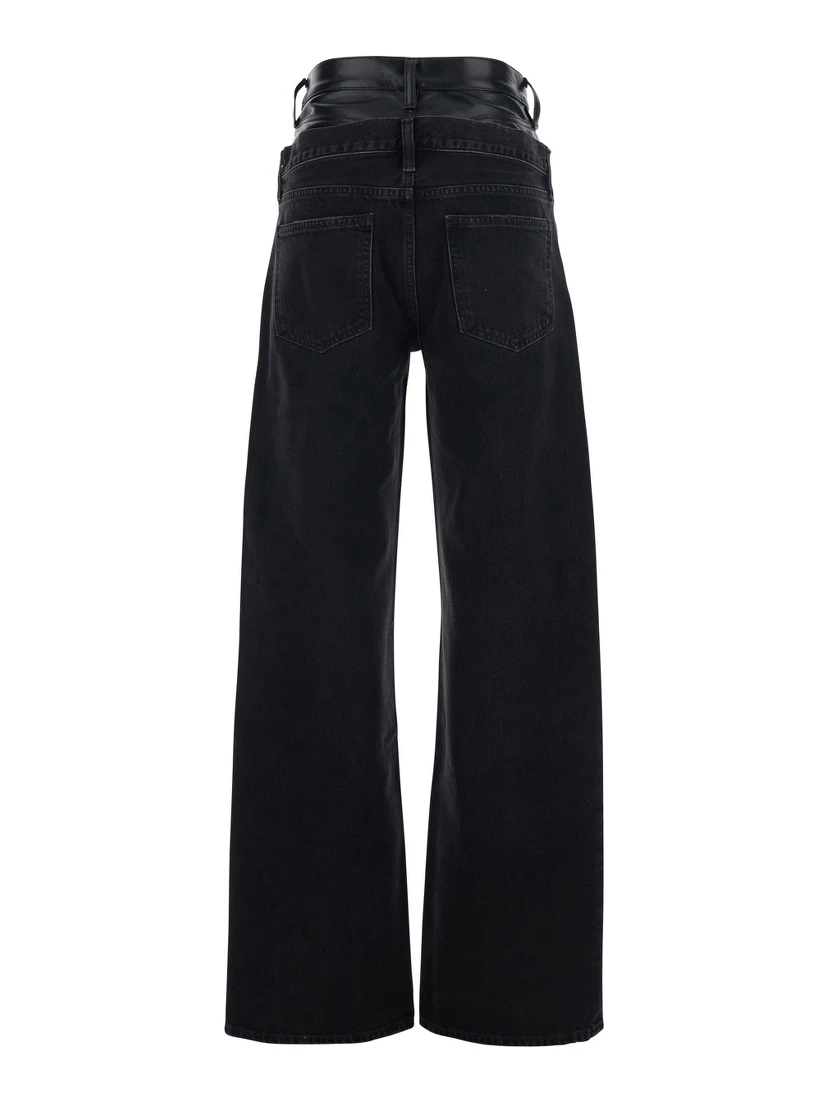 Elson Black Jeans with Double-Layered Waist and Leather Details in Denim Woman