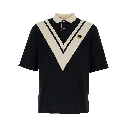 Black Polo Shirt with V Print on the Front and Applied Patch on the Chest in Cotton Man