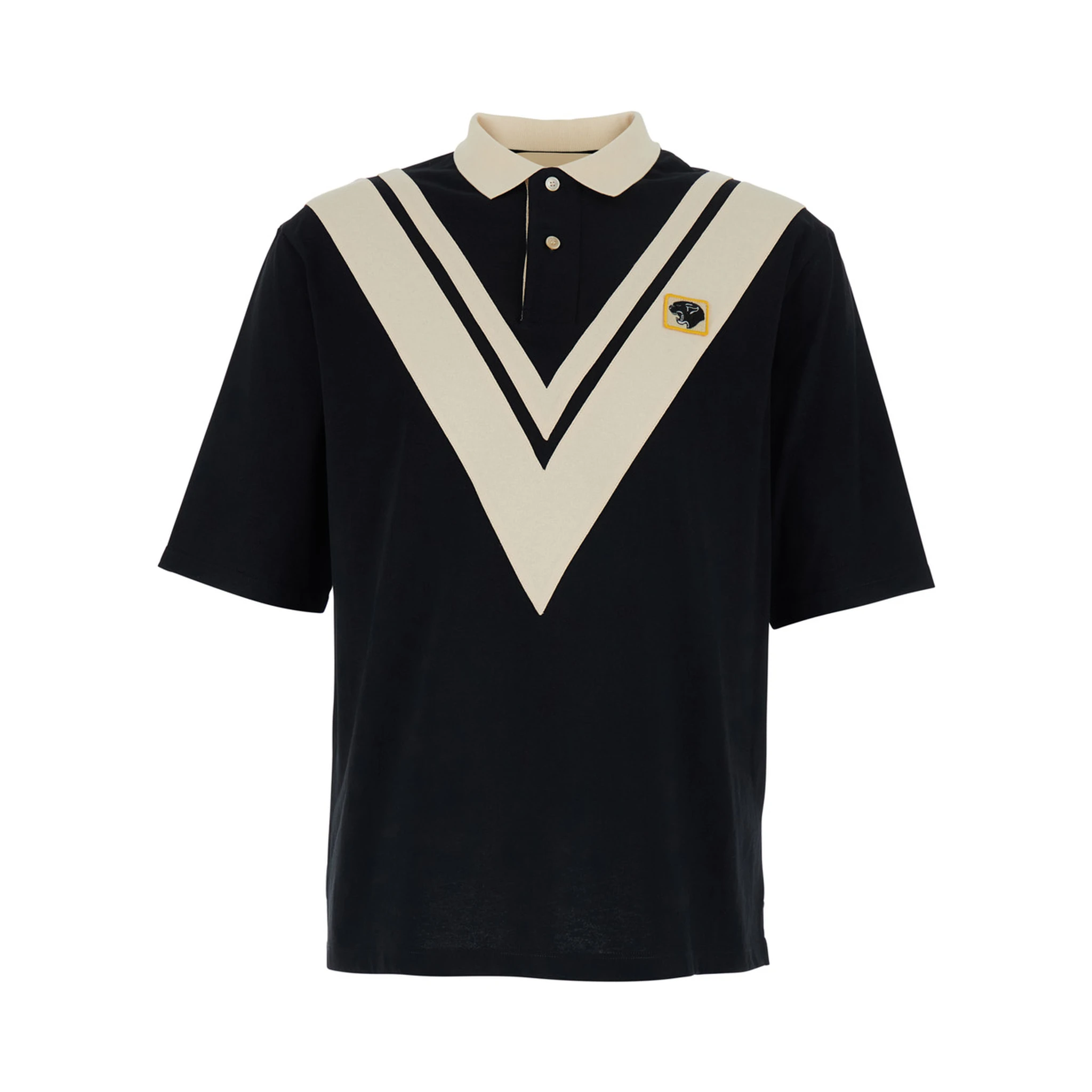 Black Polo Shirt with V Print on the Front and Applied Patch on the Chest in Cotton Man
