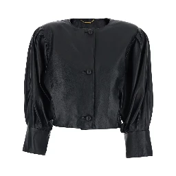 Black Crewneck Jacket with Front Button Closure in Leather Woman