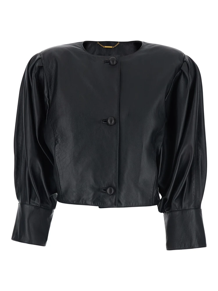 Black Crewneck Jacket with Front Button Closure in Leather Woman