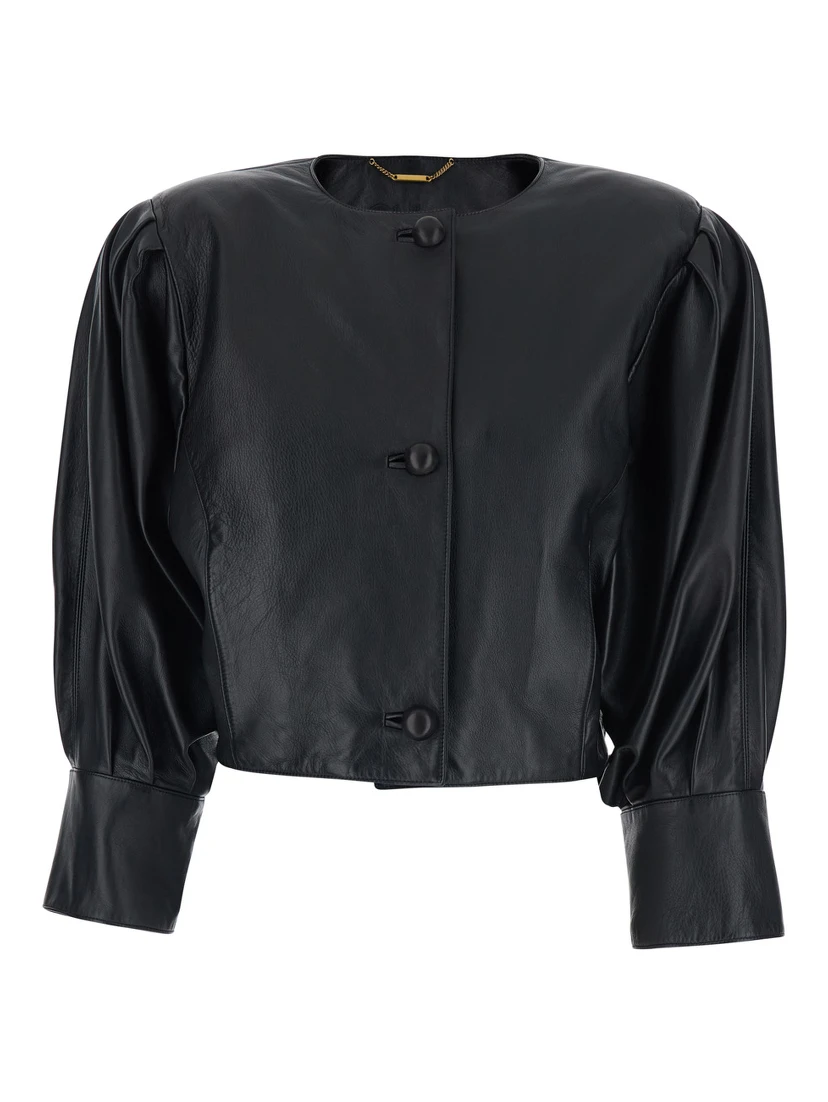 Black Crewneck Jacket with Front Button Closure in Leather Woman