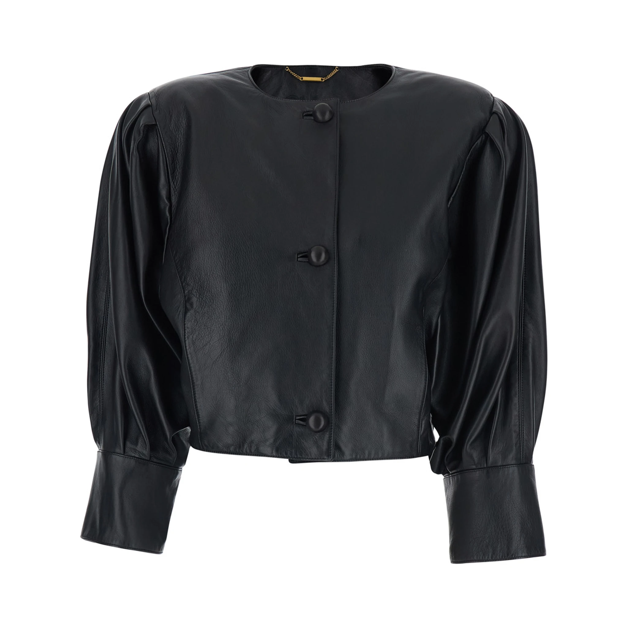 Black Crewneck Jacket with Front Button Closure in Leather Woman