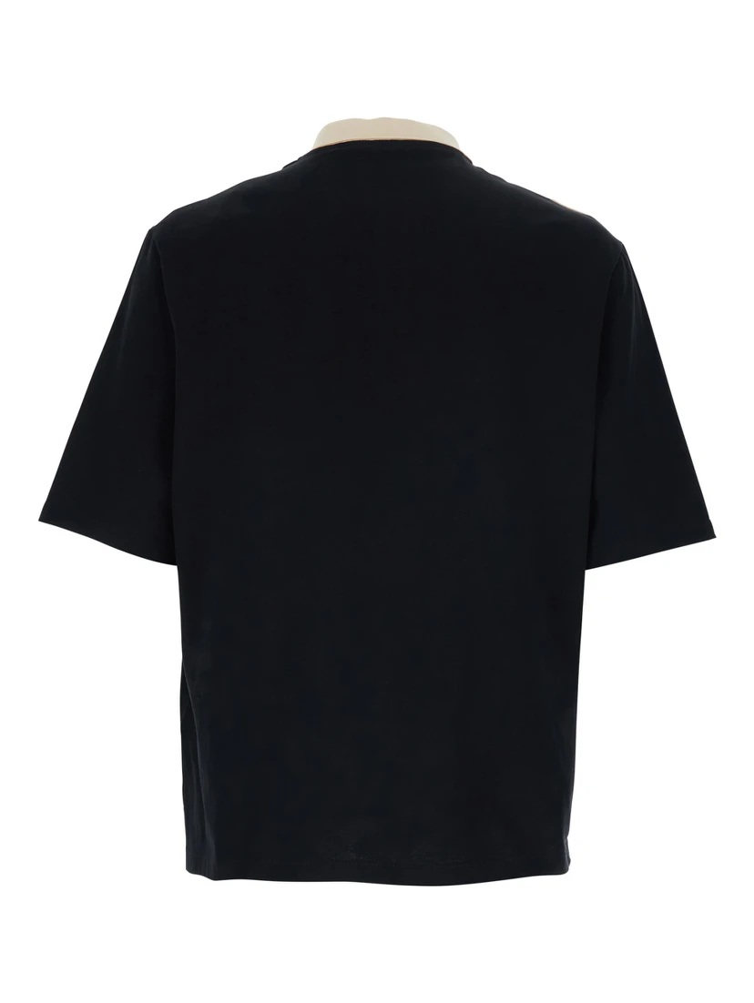 Black Polo Shirt with V Print on the Front and Applied Patch on the Chest in Cotton Man