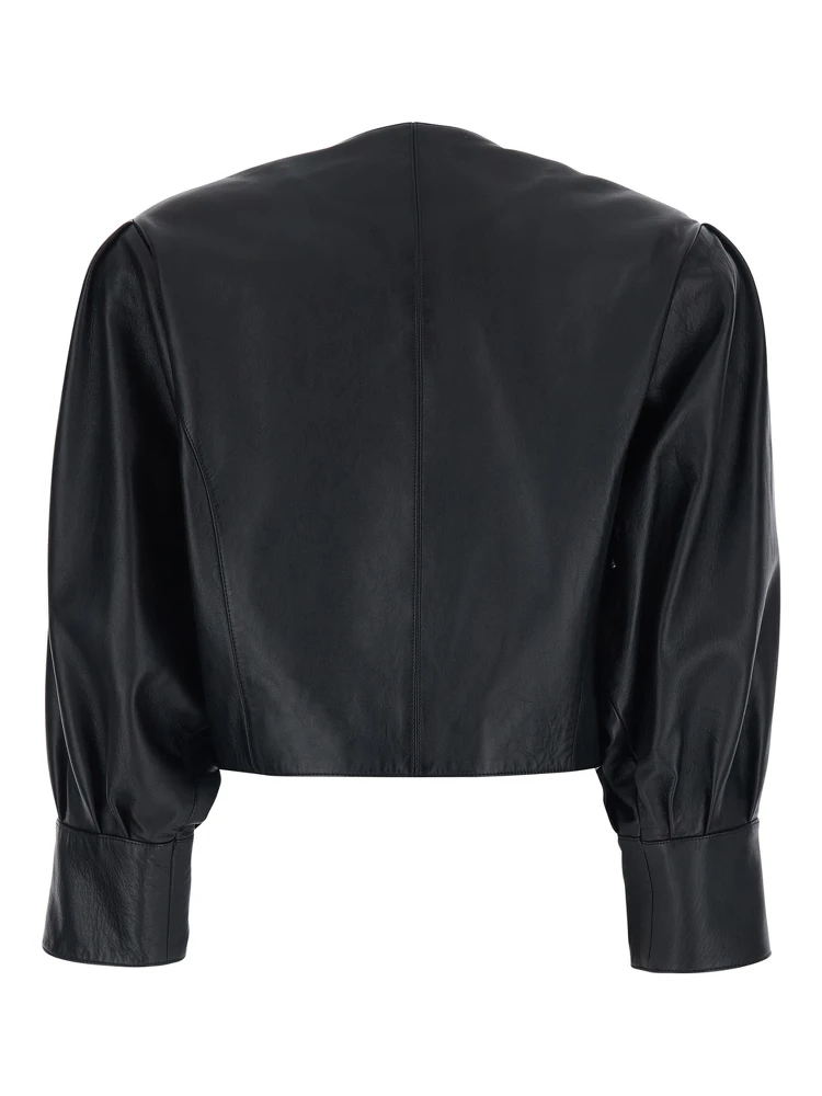 Black Crewneck Jacket with Front Button Closure in Leather Woman alternative