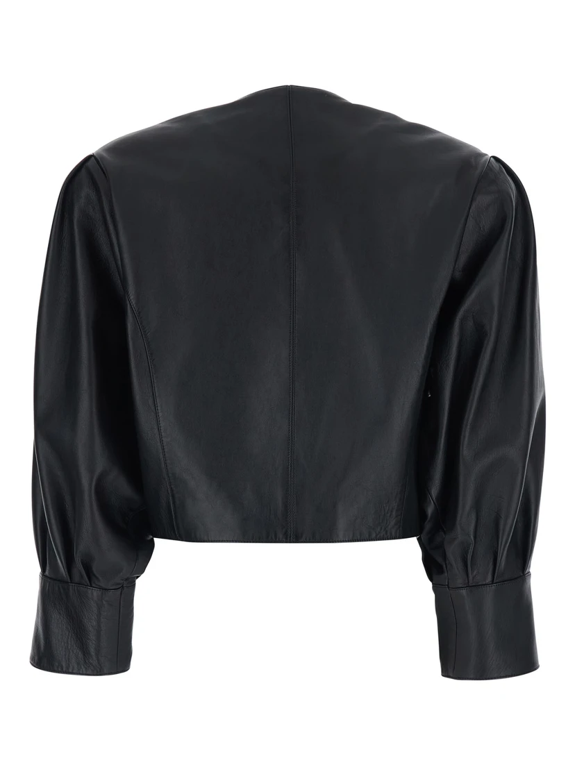 Black Crewneck Jacket with Front Button Closure in Leather Woman