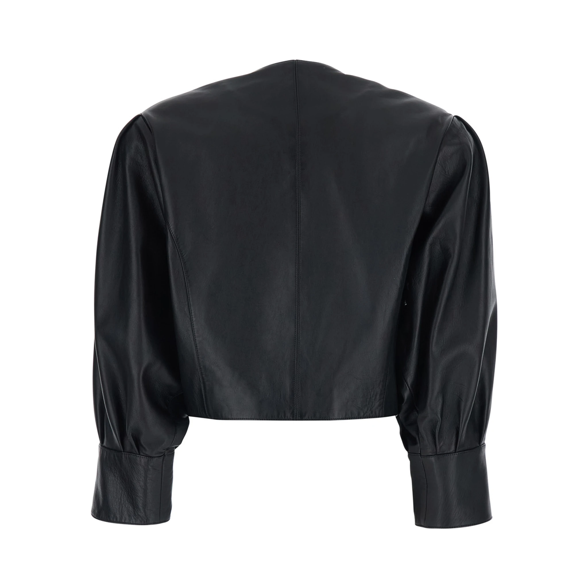 Black Crewneck Jacket with Front Button Closure in Leather Woman